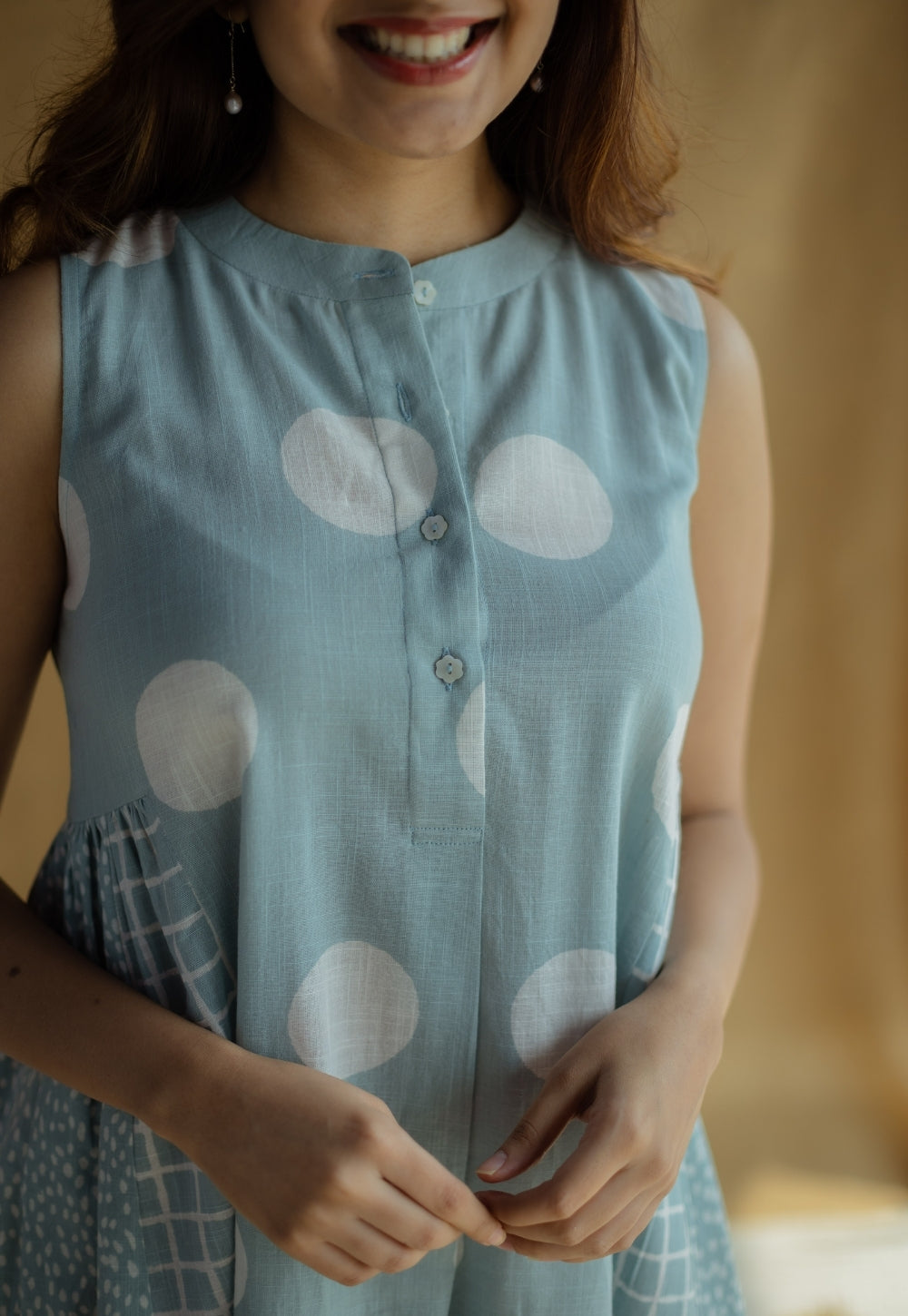 Fariyah Sky Blue Hand Block Print Slub Cotton A Line Dress