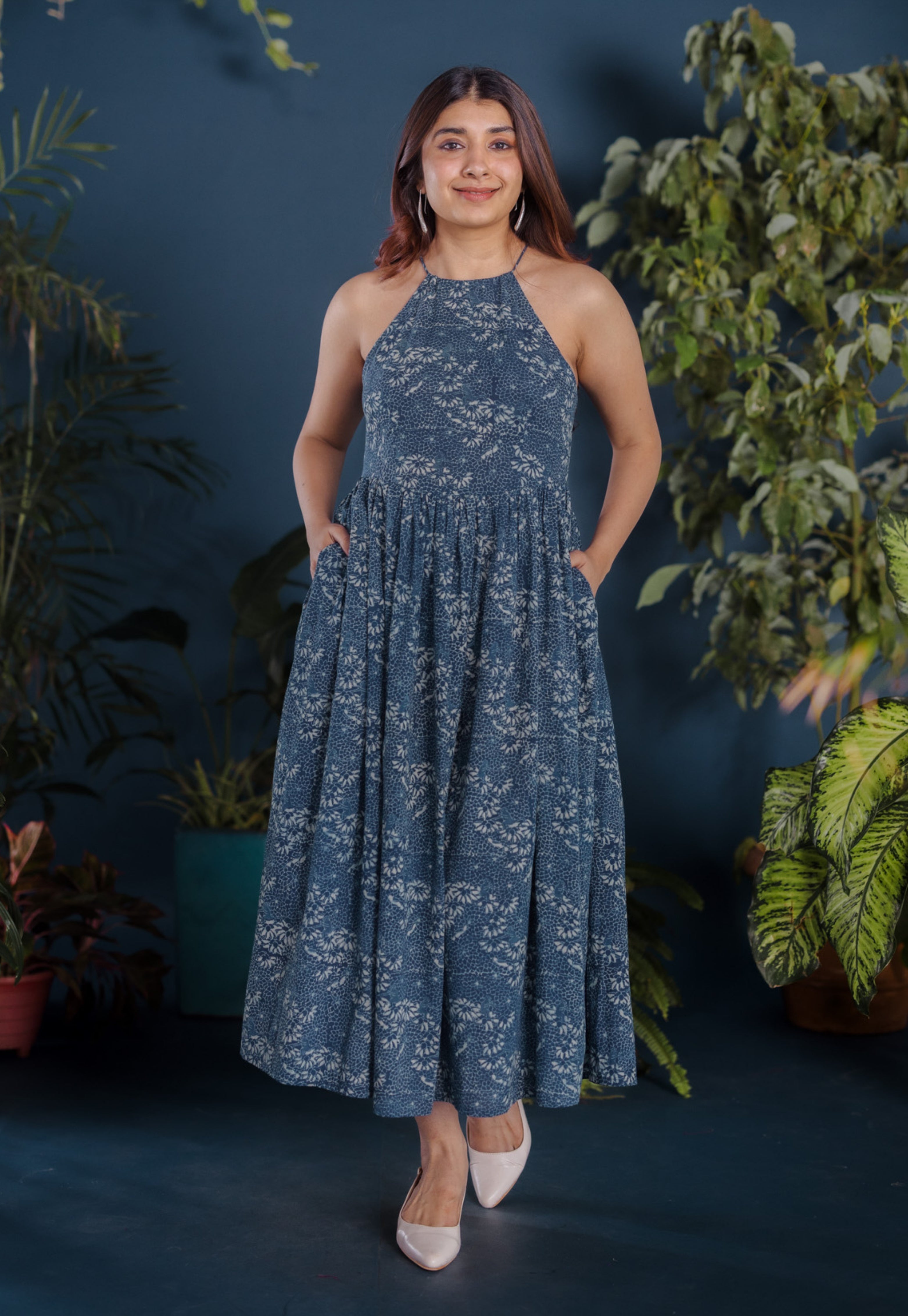 Roshni Blue Ajrakh Cotton A Line Dress