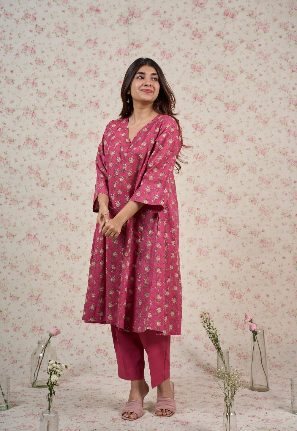 Julia Pink Sanganeri Mul Cotton Jhabbha Kali Kurta