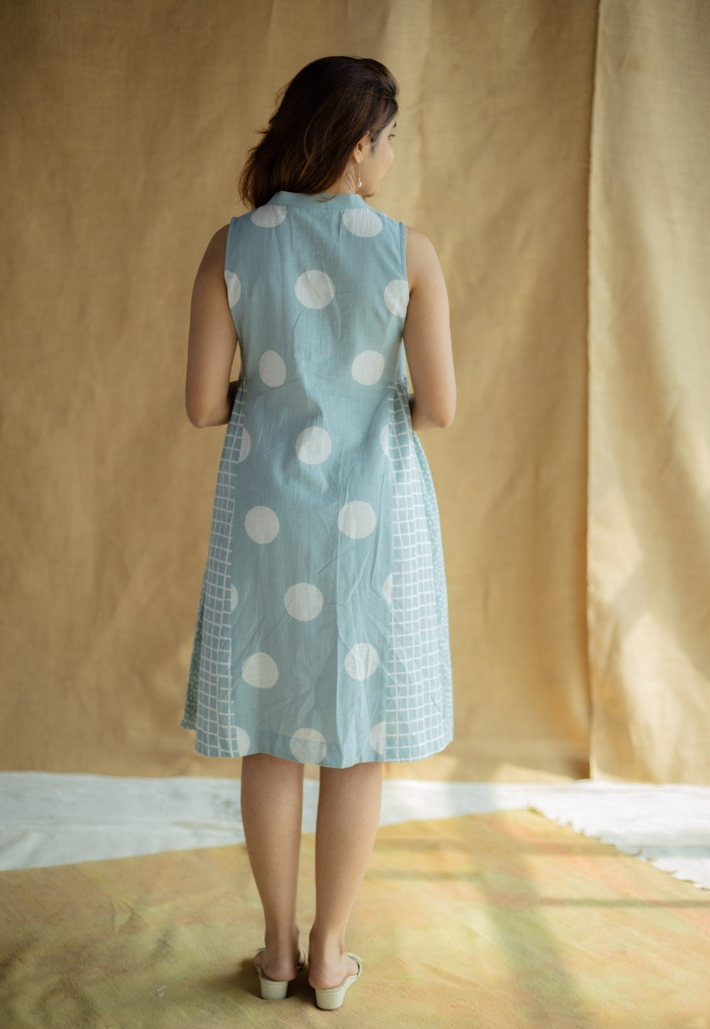 Fariyah Sky Blue Hand Block Print Slub Cotton A Line Dress