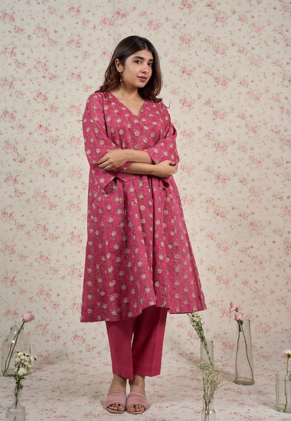 Julia Pink Sanganeri Mul Cotton Jhabbha Kali Kurta