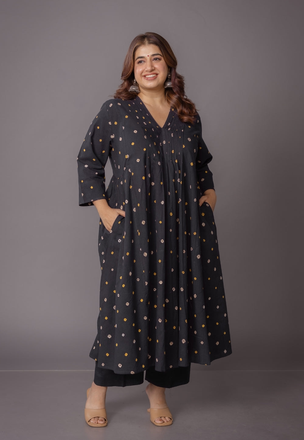 Urvi Black Bandhani Cotton A Line Kurta
