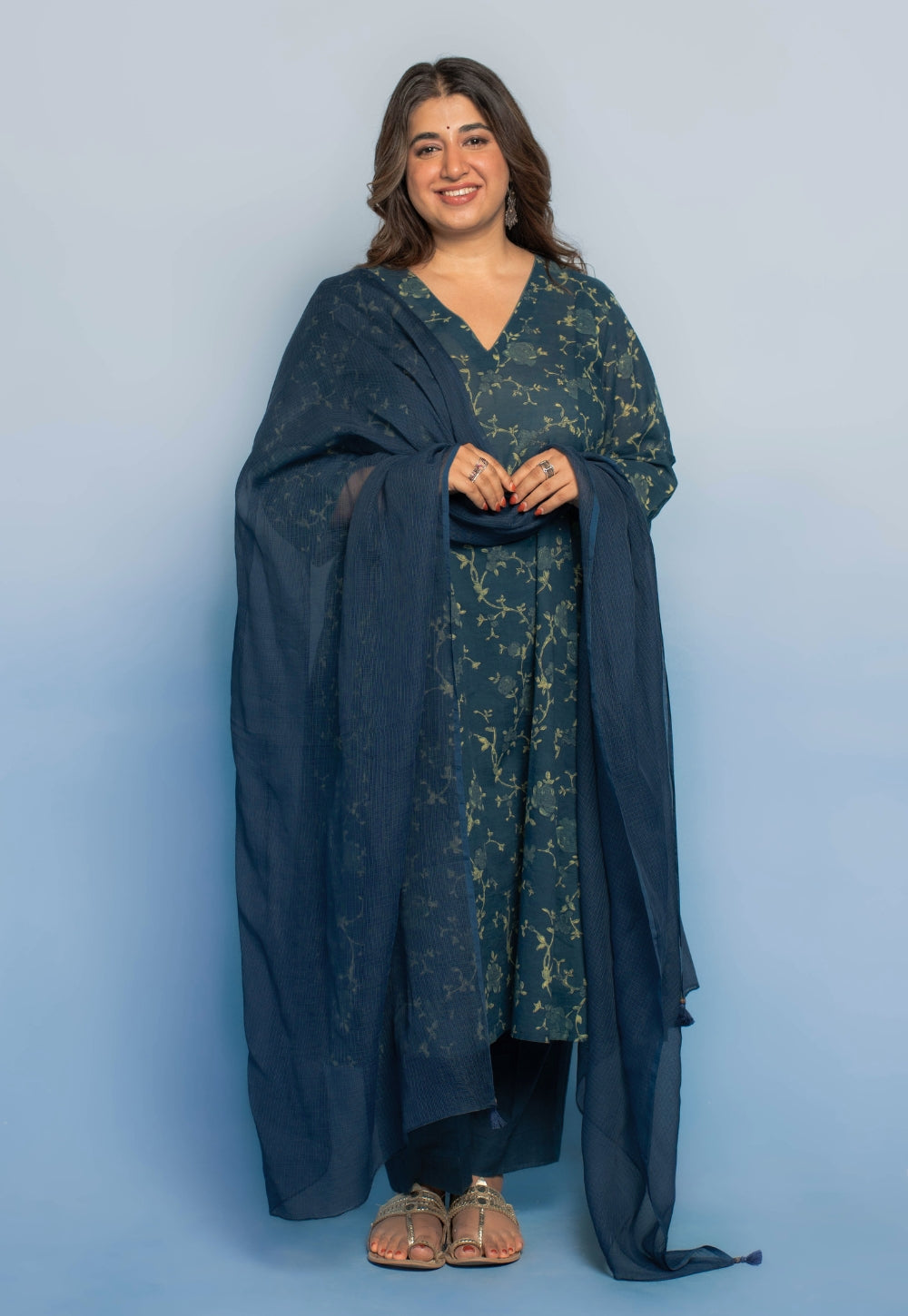 Smriti Teal Blue Dabu Mul Cotton Kali Kurta
