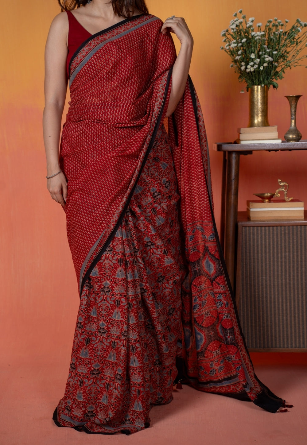 Red Mug Butti Ajrakh Hand Block Print Mul Saree