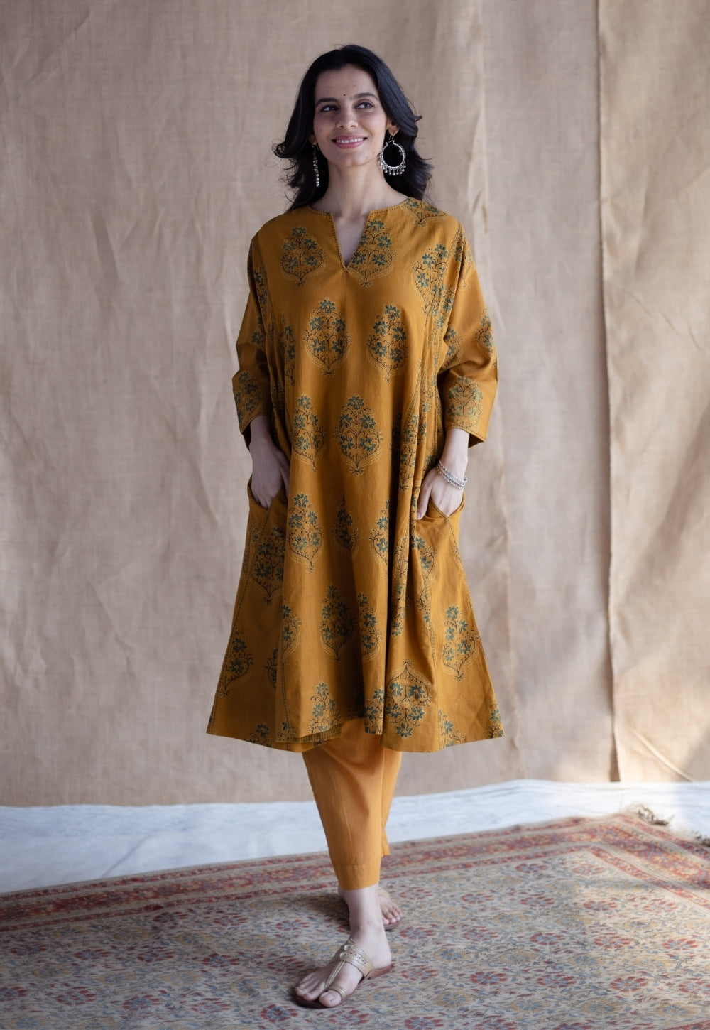 Trisha Mustard Ajrakh Cotton Jhabbha Kali Suit Set (Set of 3)