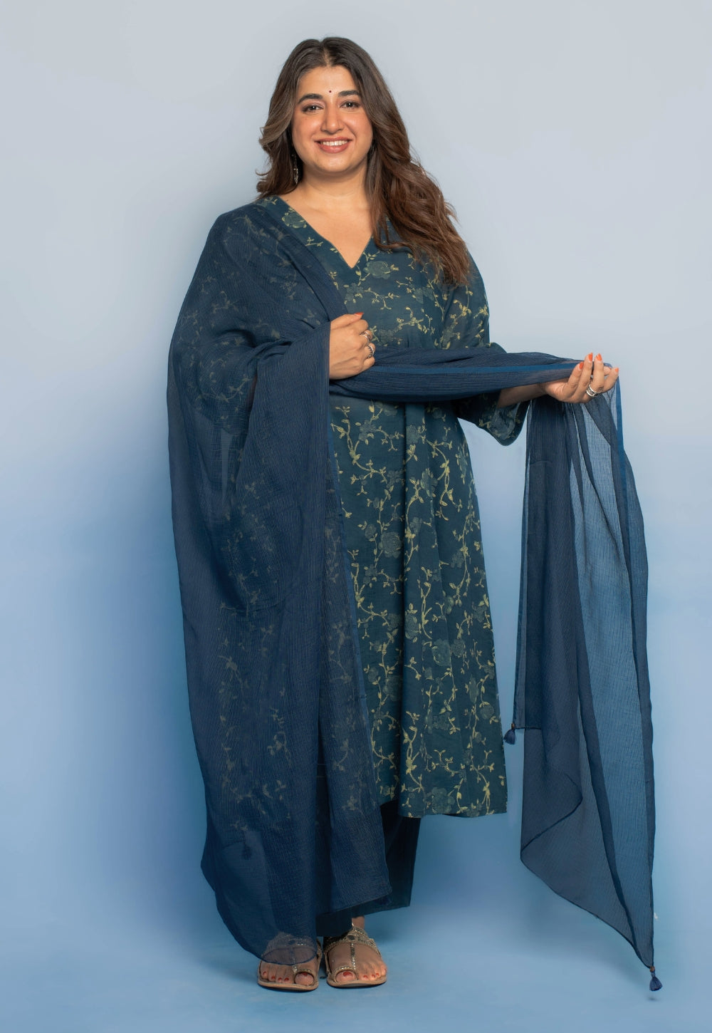 Smriti Teal Blue Dabu Mul Cotton Kali Kurta
