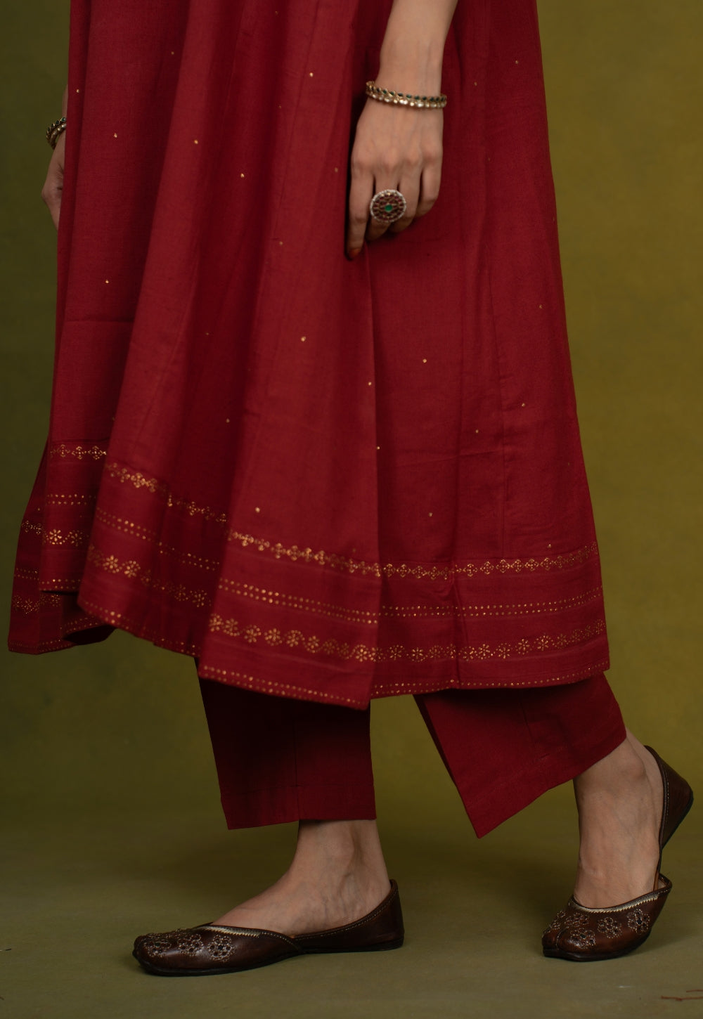 Iqra Red Rogan Handblock Printed Slub Cotton Jhabbha Kali Suit Set (Set of 3)