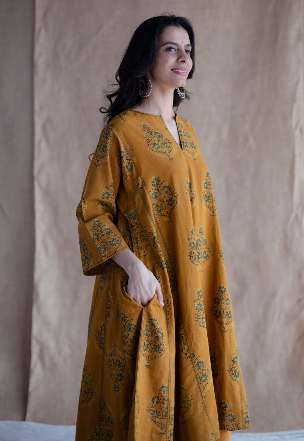Trisha Mustard Ajrakh Cotton Jhabbha Kali Suit Set (Set of 3)