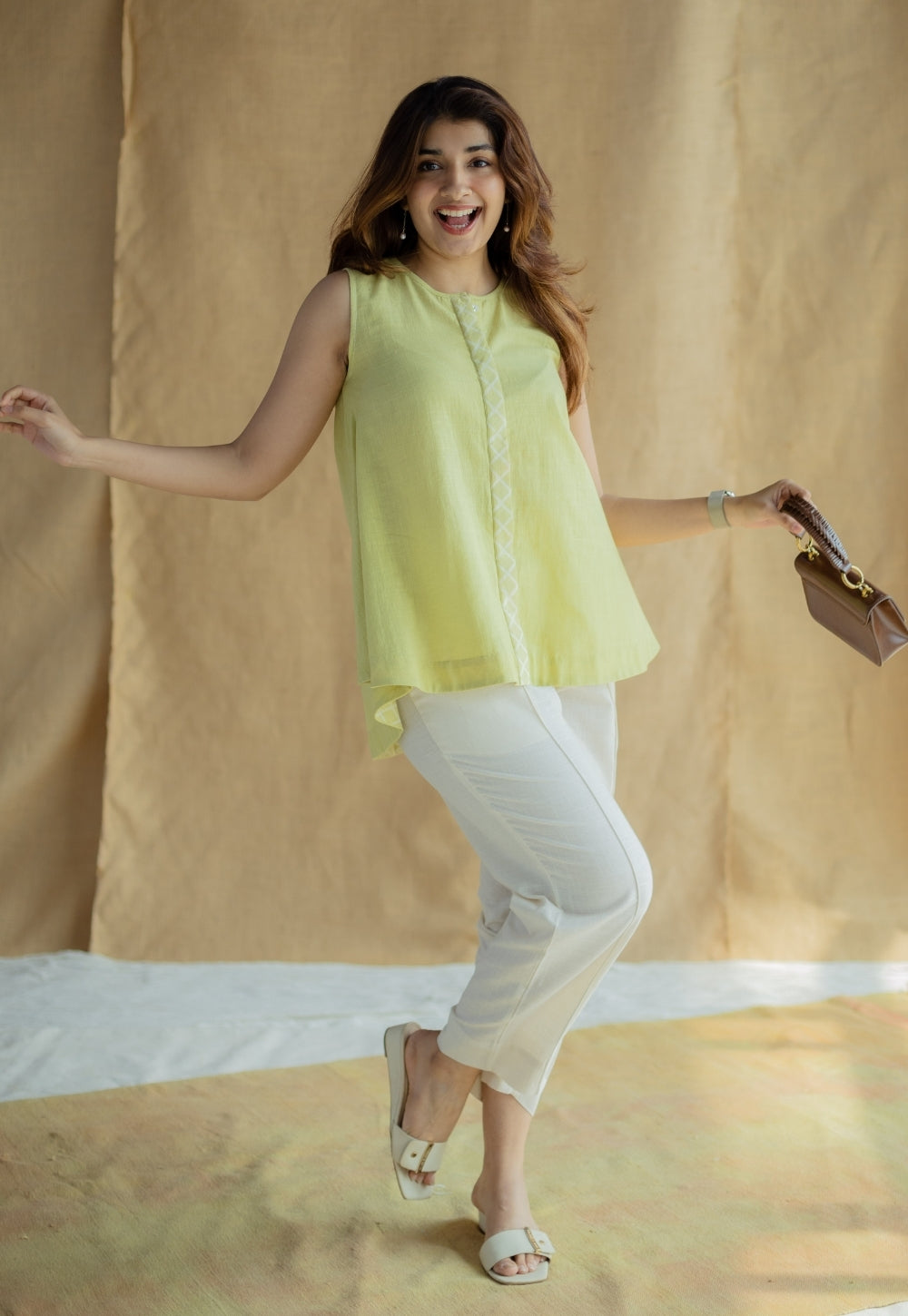 Lina Light Green Solid Slub Cotton A Line Short Top with Hand Embroidery