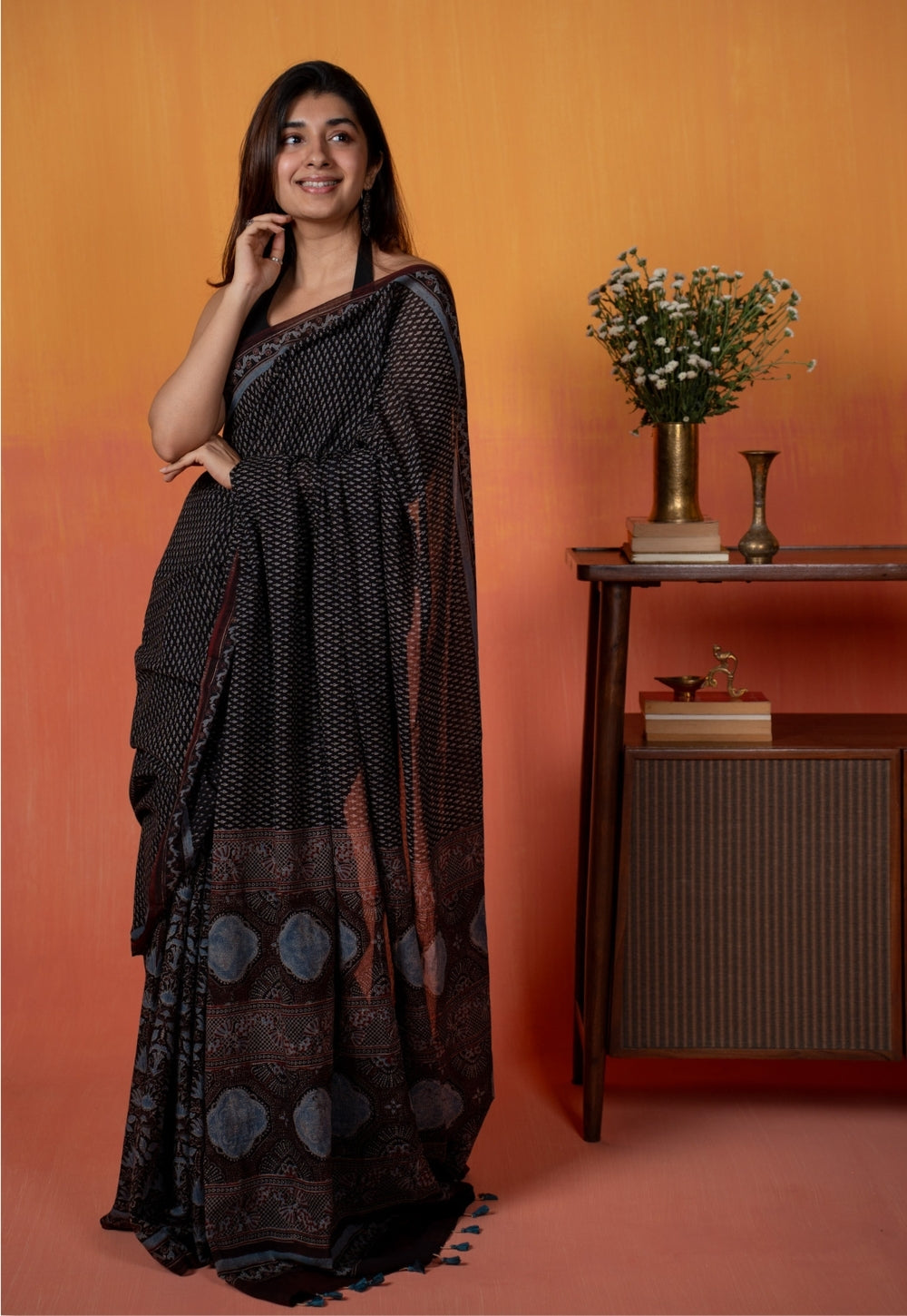 Black Mug Butti Ajrakh Hand Block Print Mul Saree