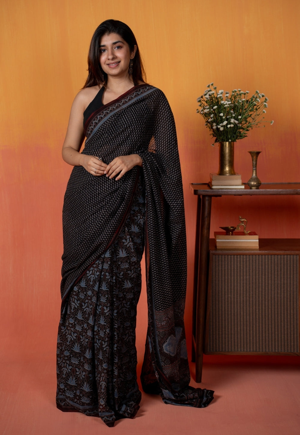 Black Mug Butti Ajrakh Hand Block Print Mul Saree