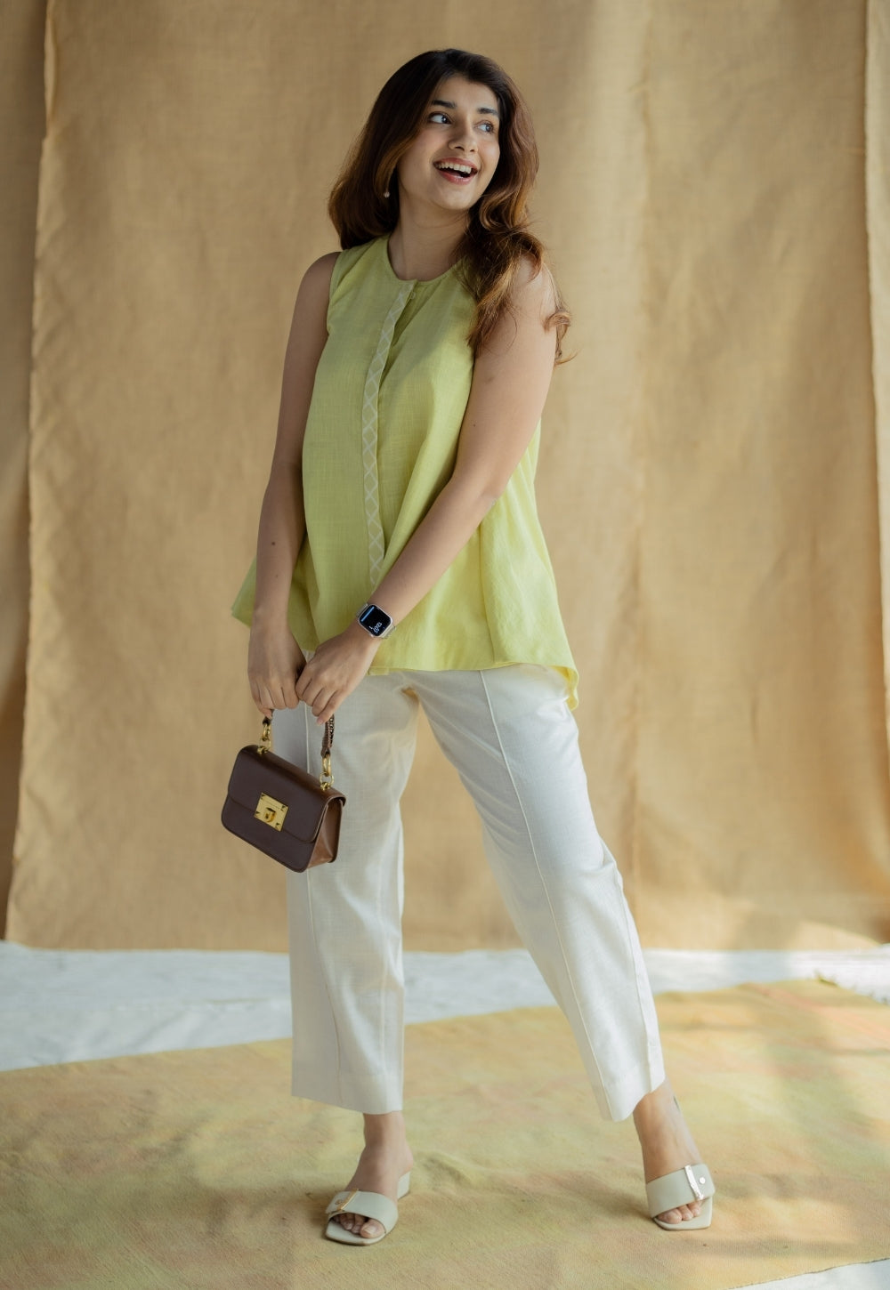 Lina Light Green Solid Slub Cotton A Line Short Top with Hand Embroidery