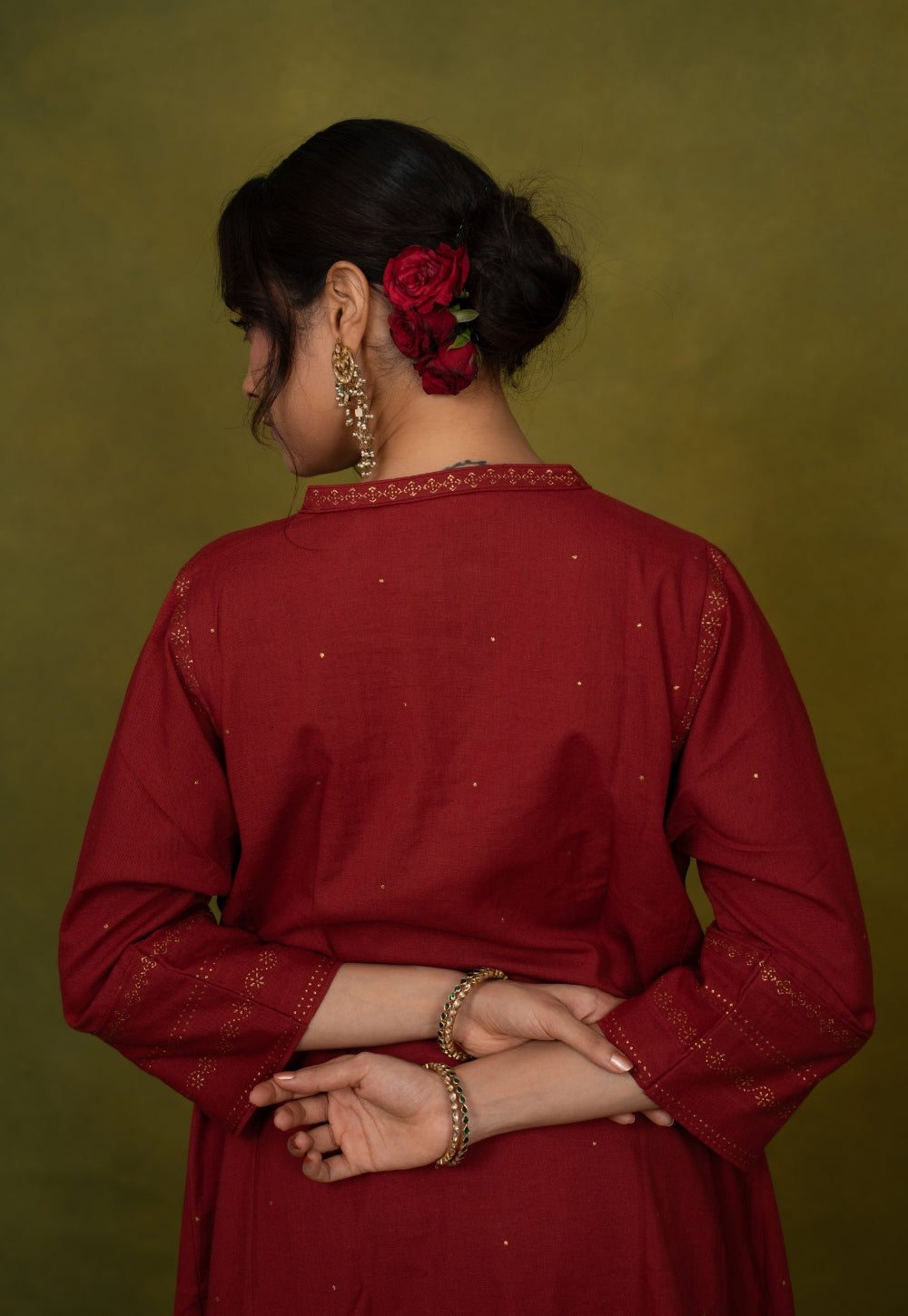 Iqra Red Rogan Handblock Printed Slub Cotton Jhabbha Kali Suit Set (Set of 3)