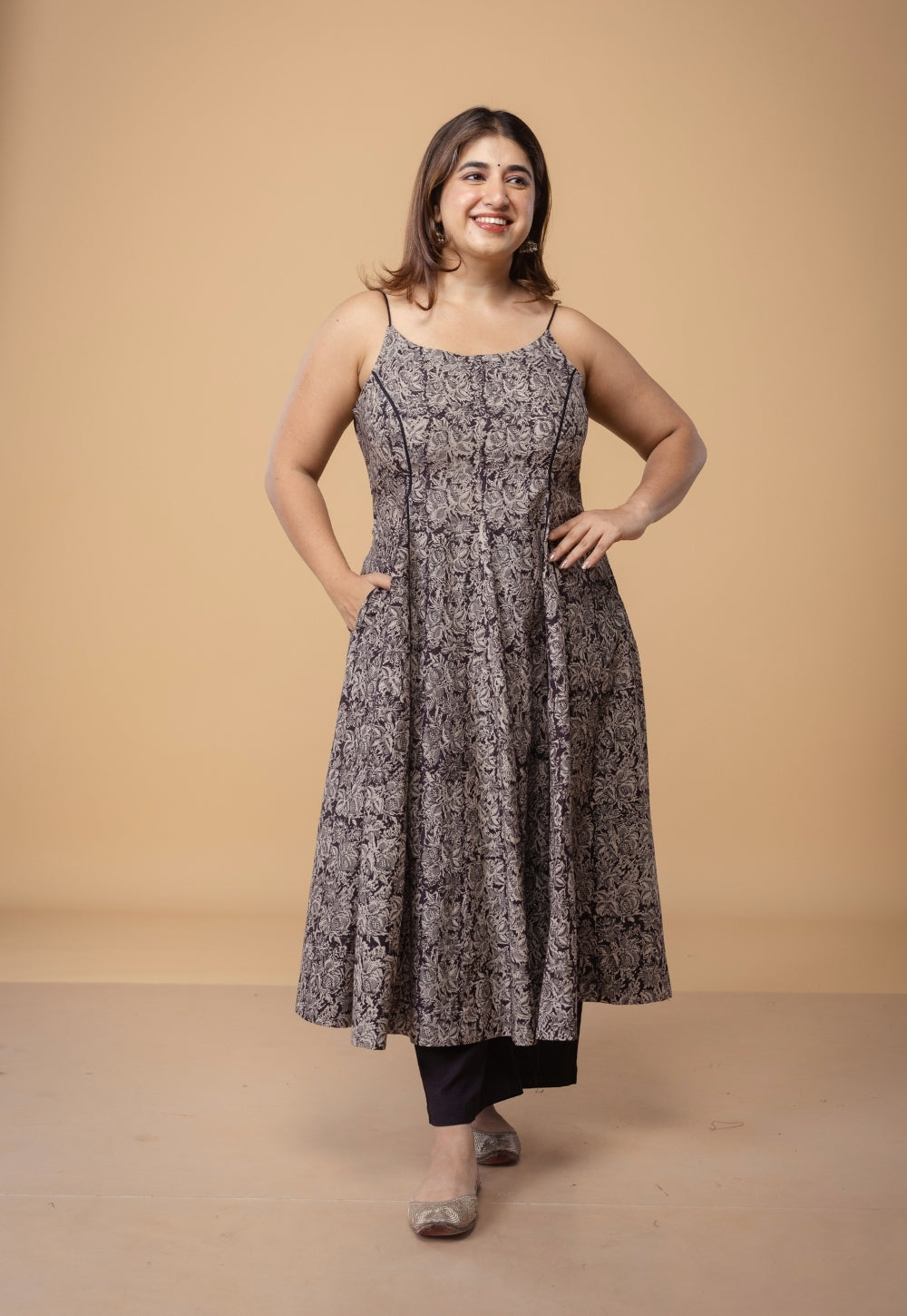 Sanah Black Kalamkari Cotton Kali Kurta