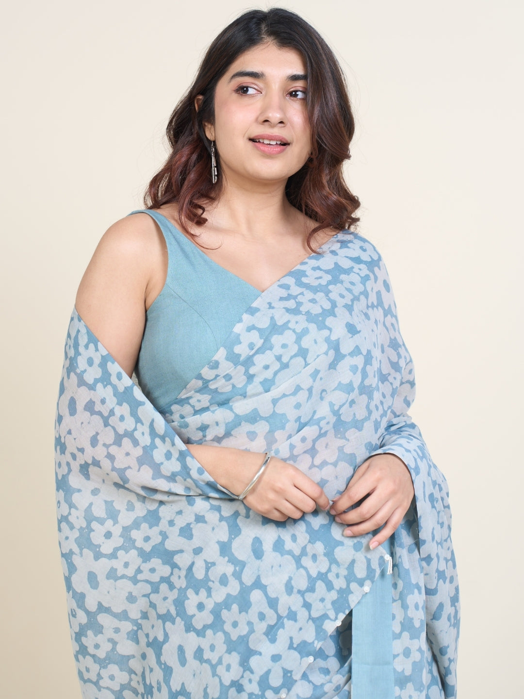 Warisha Blue Batik Hand Block Print Mul Cotton Saree with Embroidery