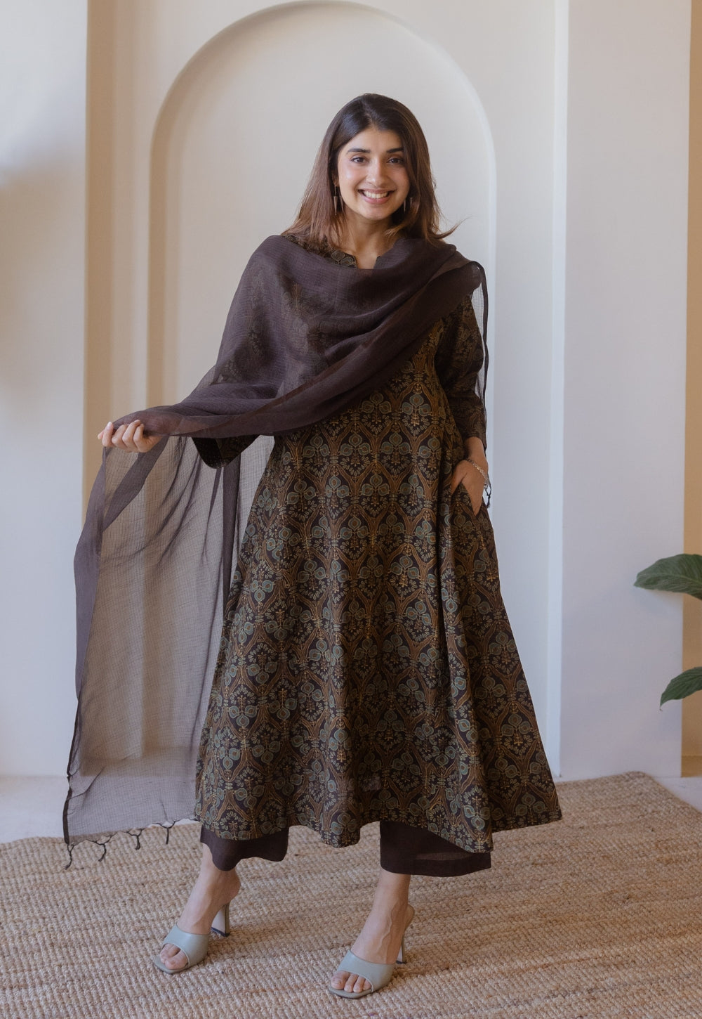 Nyra Brown Ajrakh Cotton Jhabbha Kali Kurta