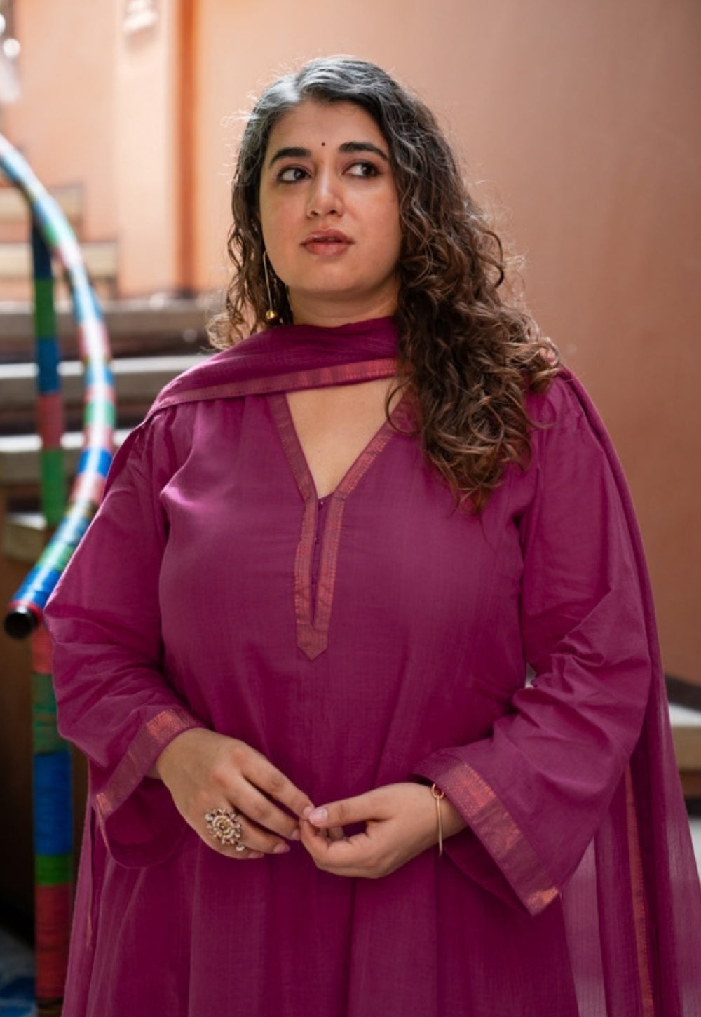 Kalika Magenta Pink Mangalgiri Cotton Kali Kurta with Nizam Border
