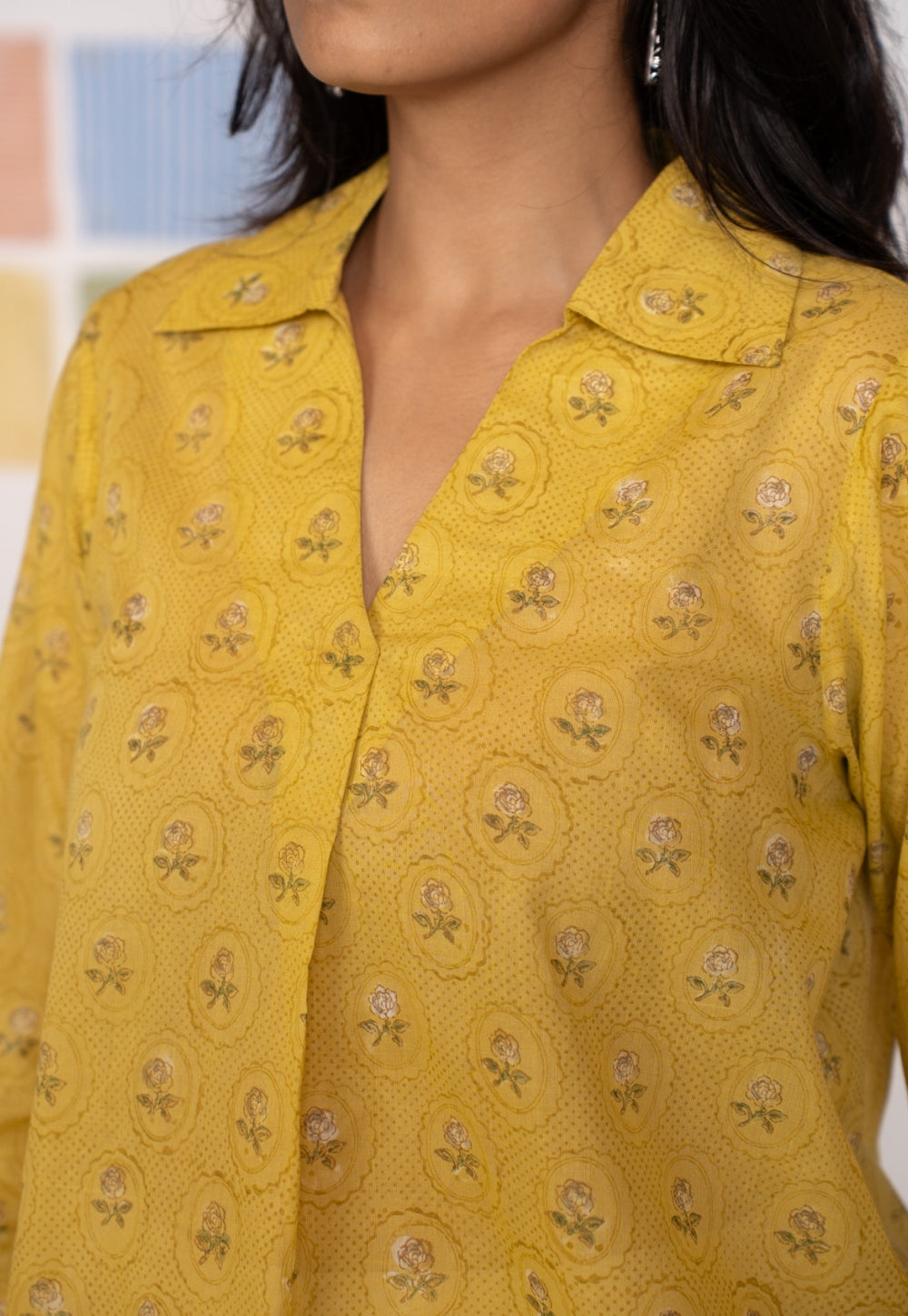 Zohal Yellow Sanganeri Mul Cotton Straight Short Top