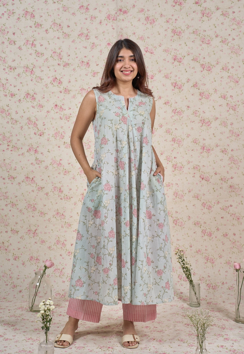 Flora Blue Sanganeri Mul Cotton A Line Kurta