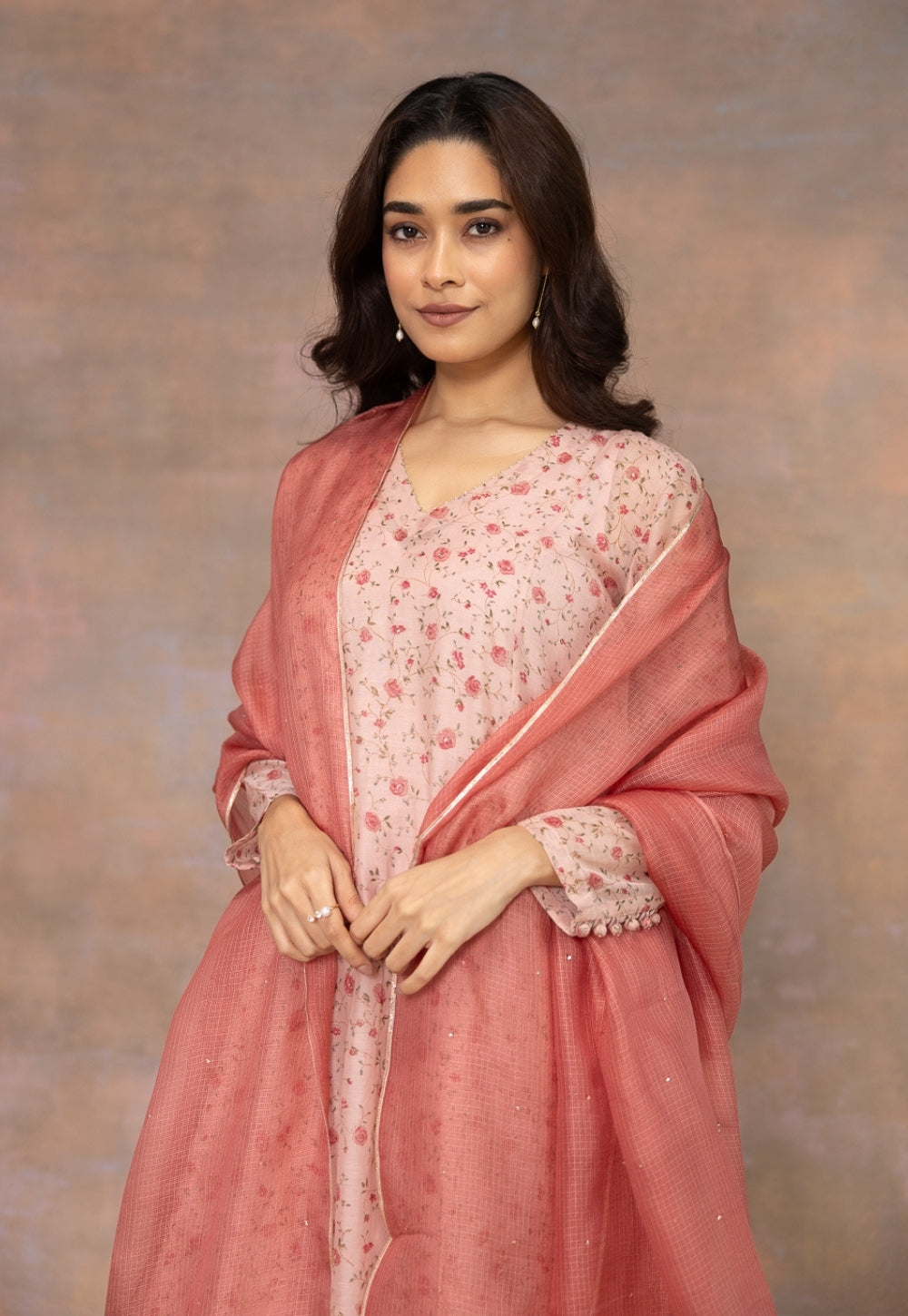 Melon Pink Solid Kota Doria Silk Dupatta with Mukaish Detailing
