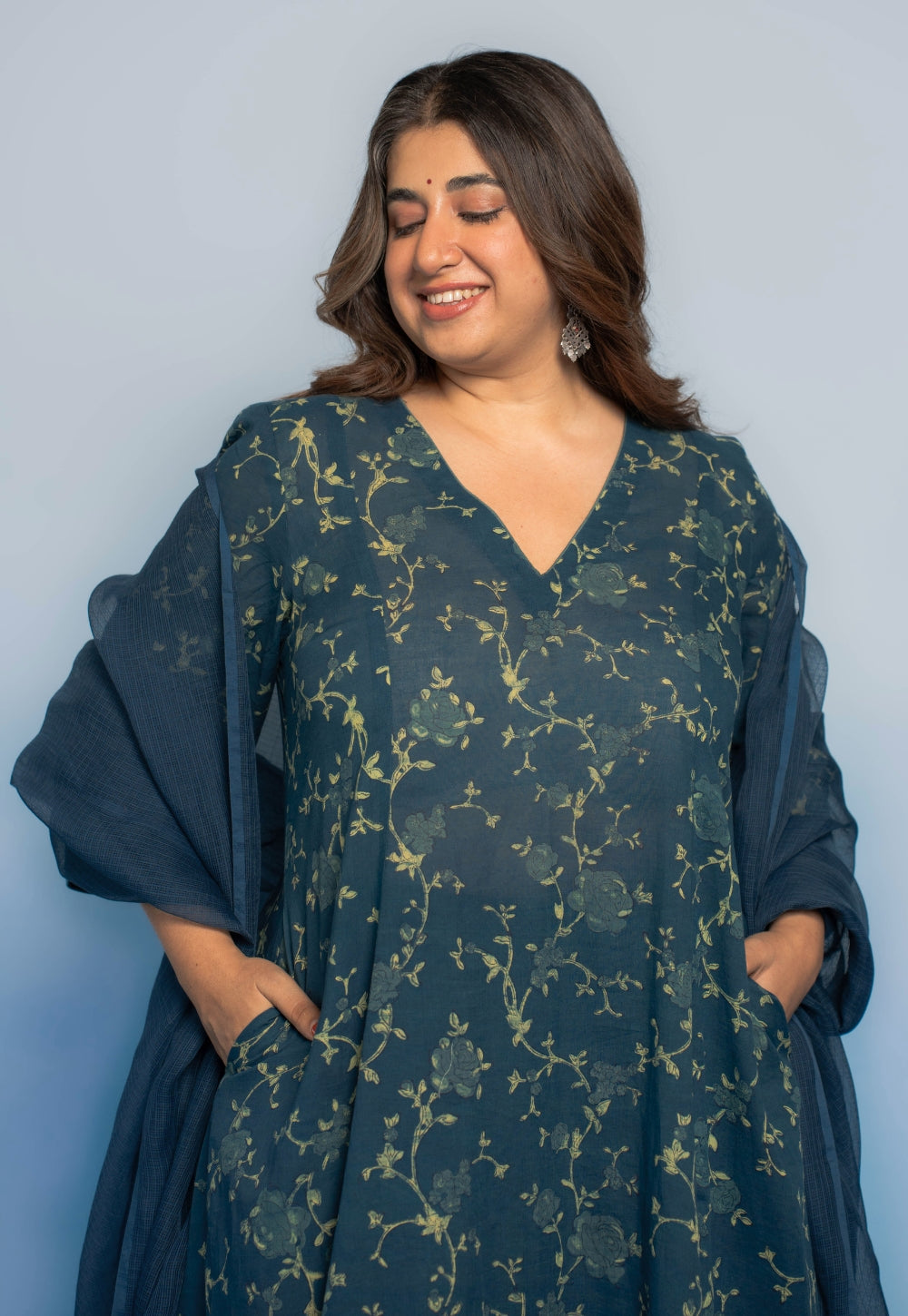 Smriti Teal Blue Dabu Mul Cotton Kali Kurta