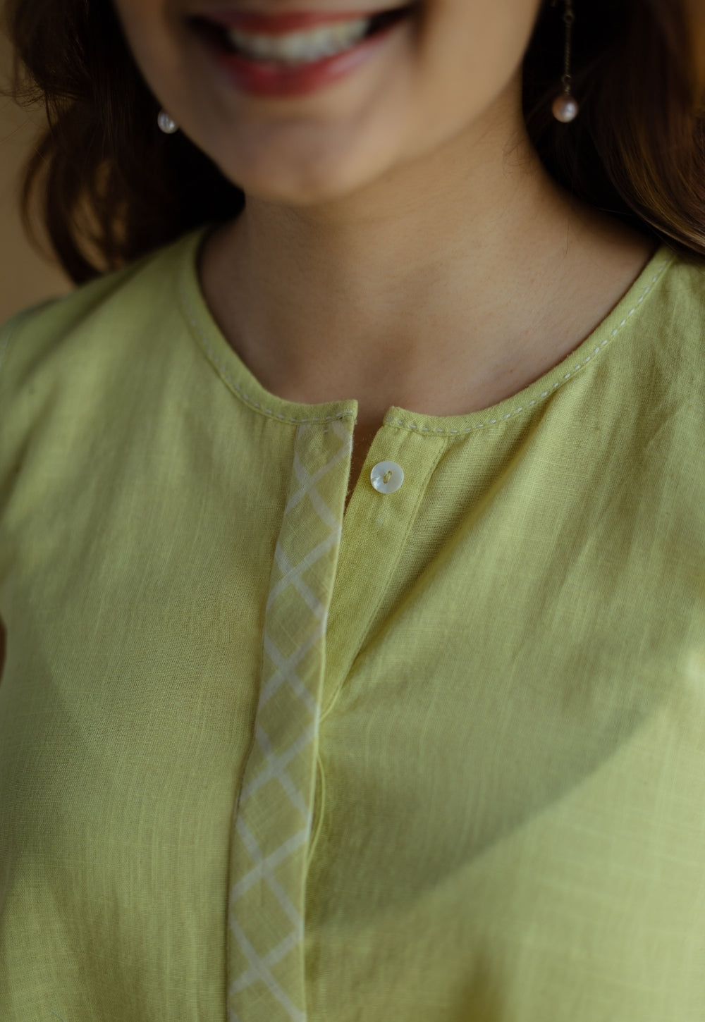 Lina Light Green Solid Slub Cotton A Line Short Top with Hand Embroidery