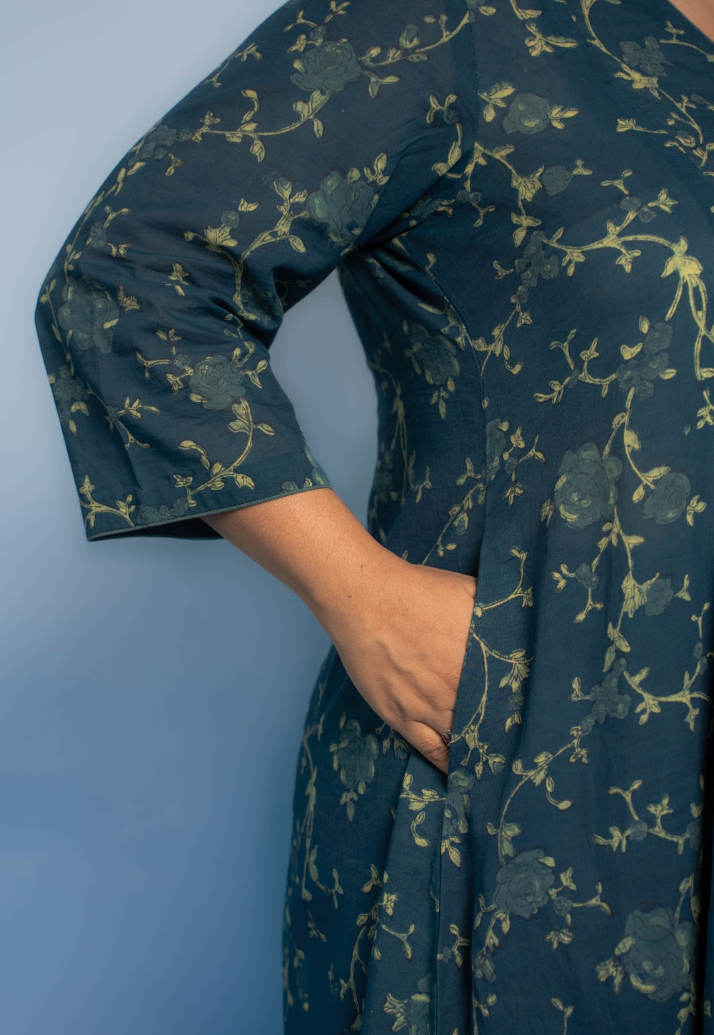 Smriti Teal Blue Dabu Mul Cotton Kali Kurta