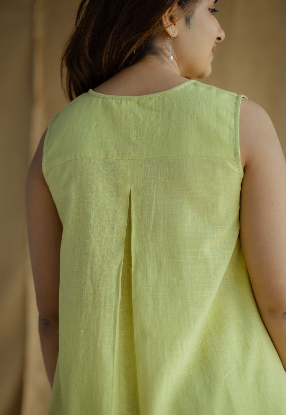 Lina Light Green Solid Slub Cotton A Line Short Top with Hand Embroidery