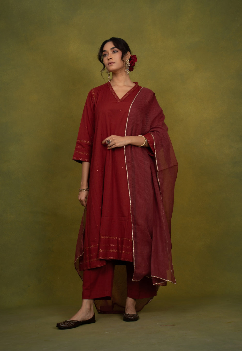 Iqra Red Rogan Handblock Printed Slub Cotton Jhabbha Kali Suit Set (Set of 3)