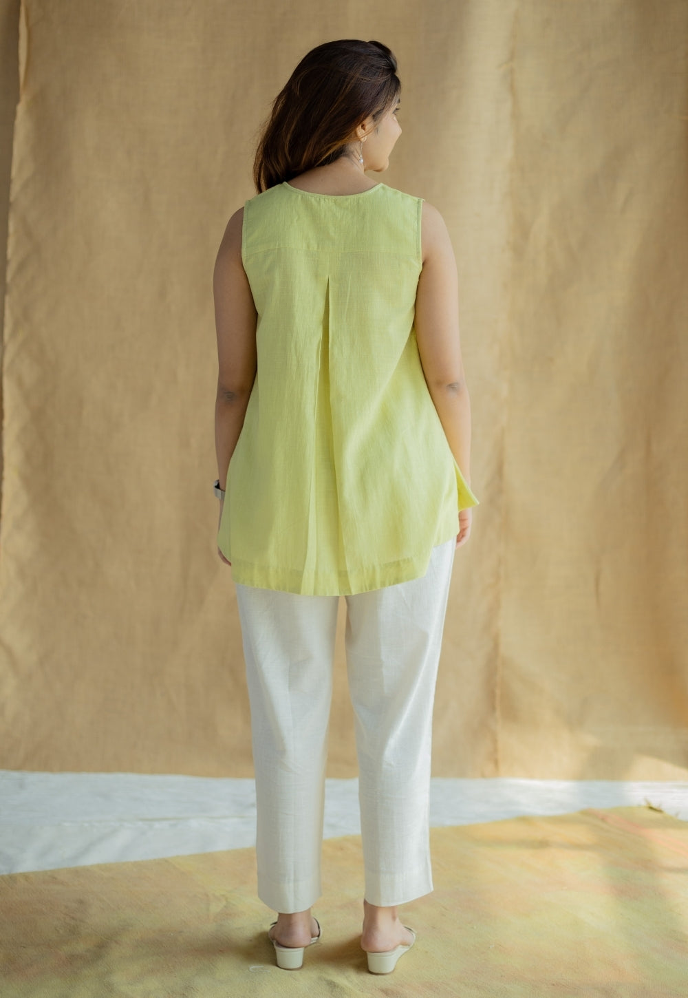 Lina Light Green Solid Slub Cotton A Line Short Top with Hand Embroidery