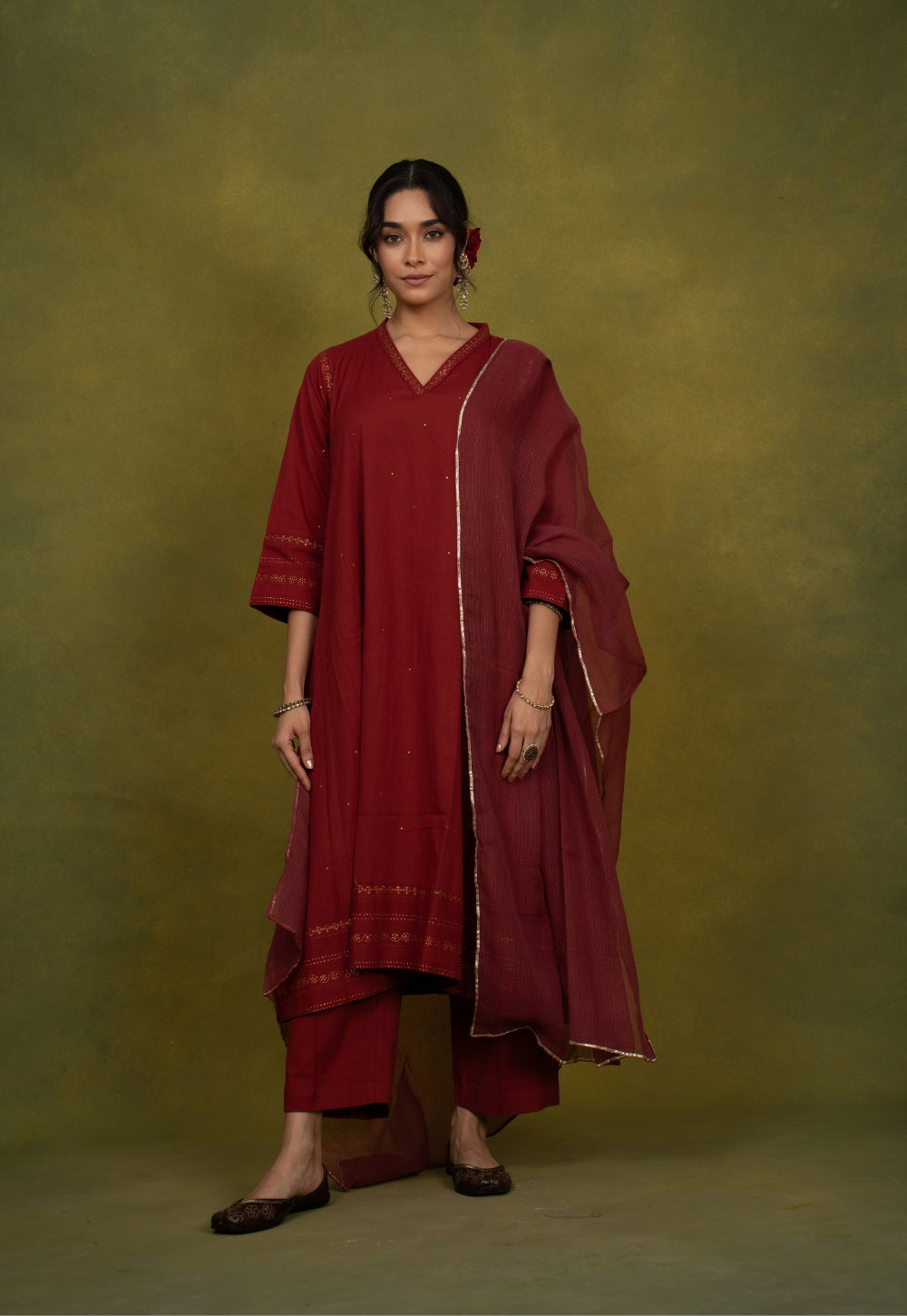 Iqra Red Rogan Handblock Printed Slub Cotton Jhabbha Kali Suit Set (Set of 3)