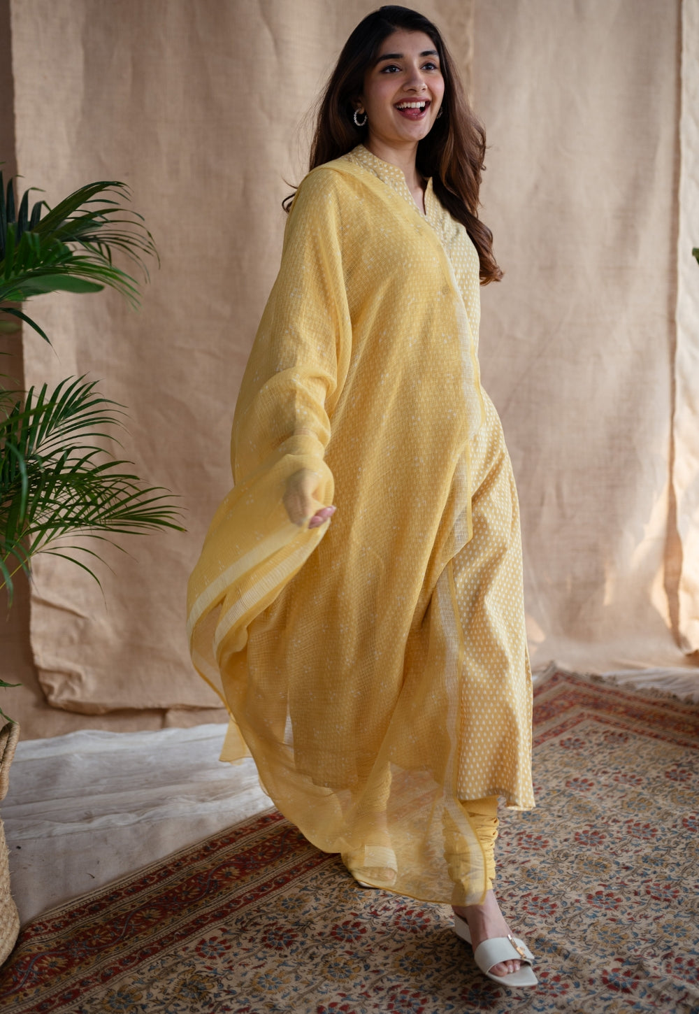 Yellow Three Dots Dabu Kota Doriya Border Dupatta