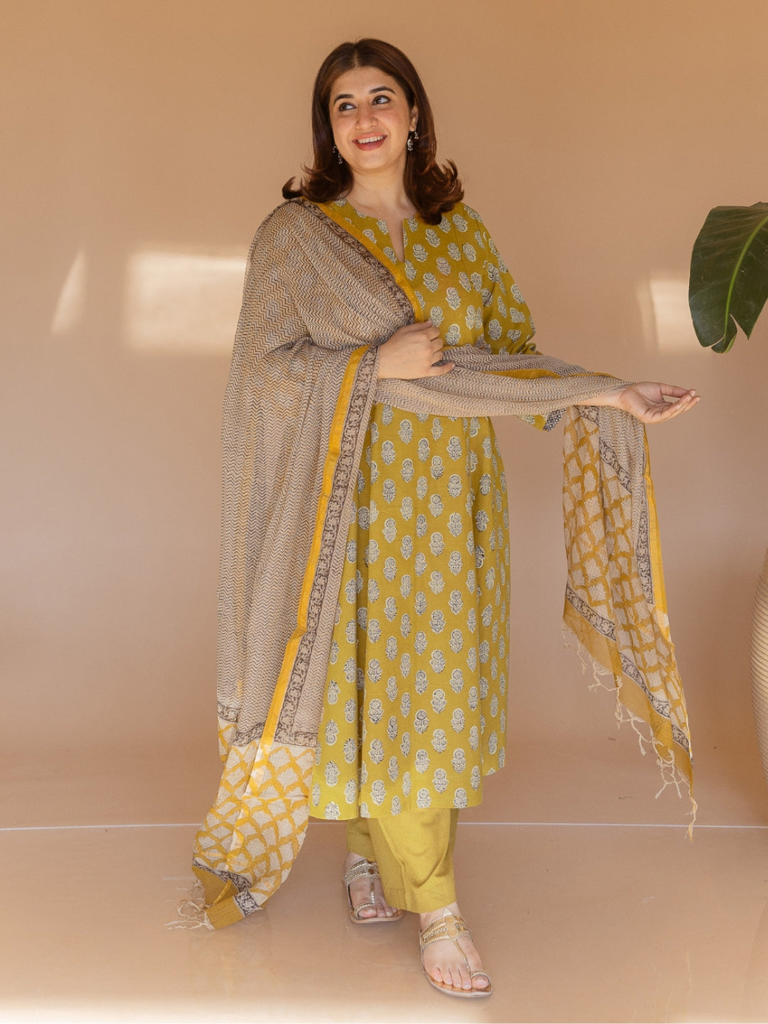 Malika Yellow Bagru Cotton Kali Kurta Set (Set of 2)