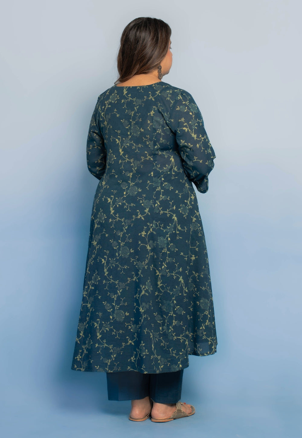 Smriti Teal Blue Dabu Mul Cotton Kali Kurta