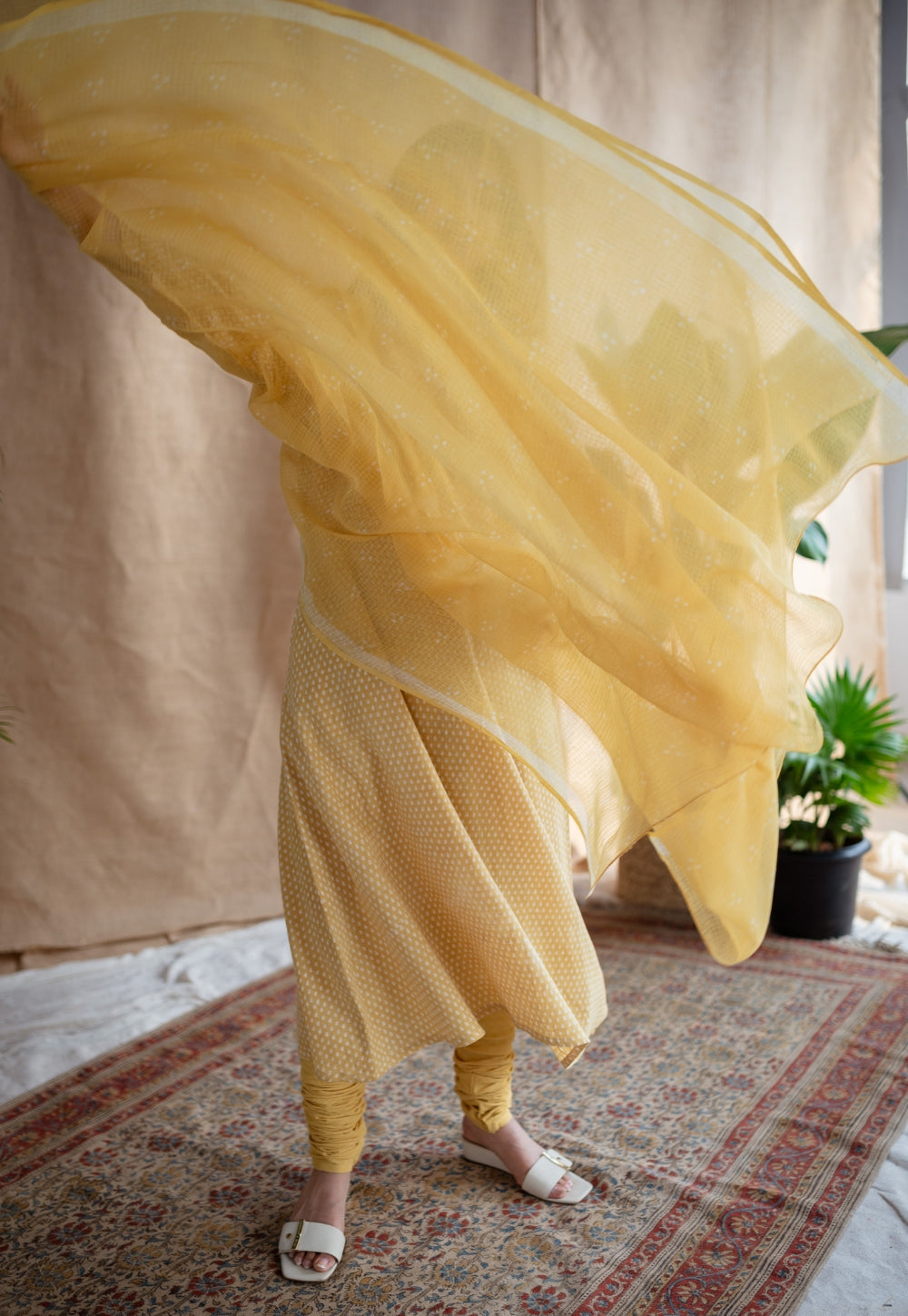 Yellow Three Dots Dabu Kota Doriya Border Dupatta
