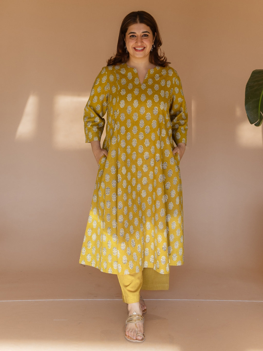 Malika Yellow Bagru Cotton Kali Kurta Set (Set of 2)