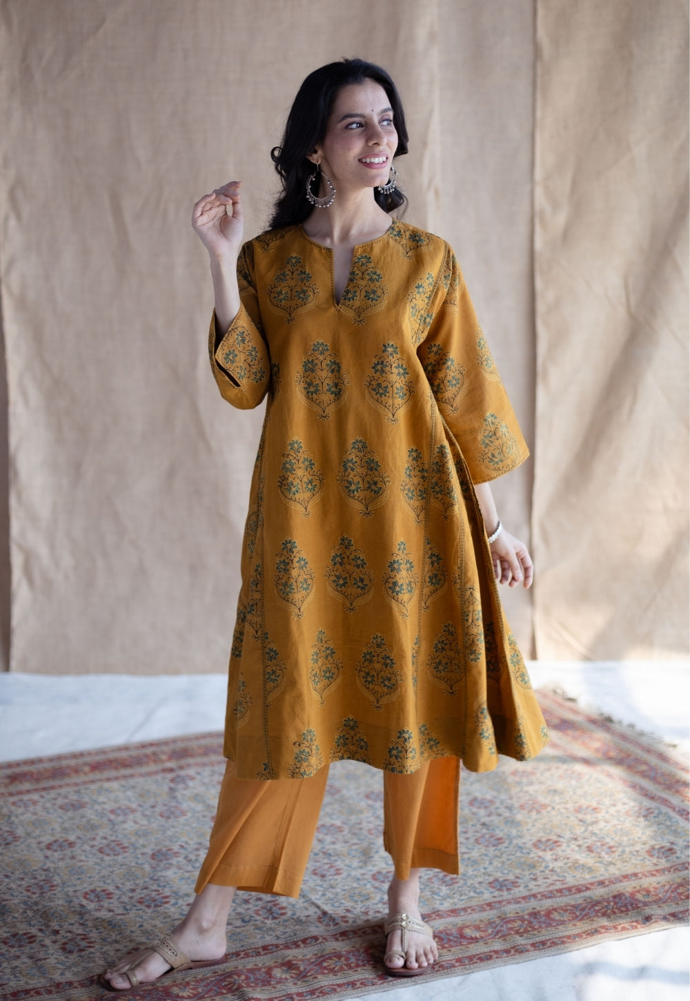Yashi Mustard Solid Slub Cotton Straight Pant