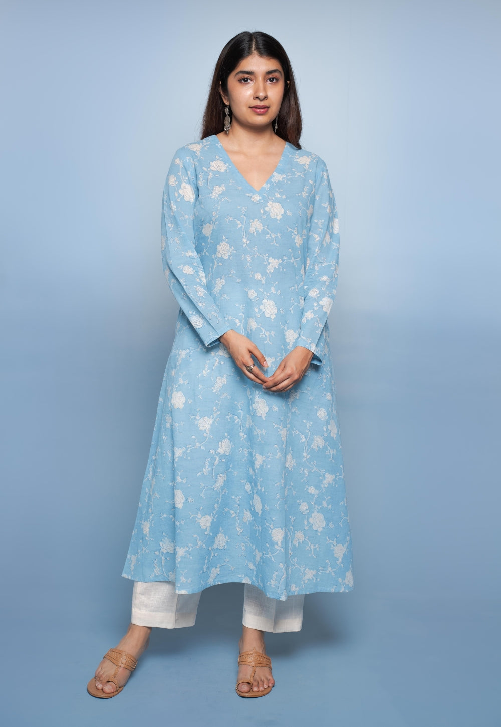 Vina Blue Dabu Mul Cotton Kali Kurta