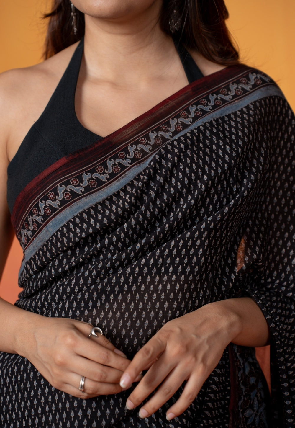Black Mug Butti Ajrakh Hand Block Print Mul Saree