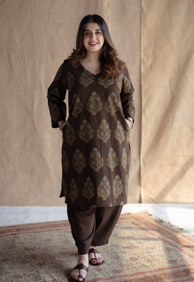Juhi Brown Ajrakh Cotton Straight Kurta with Hand Embroidery