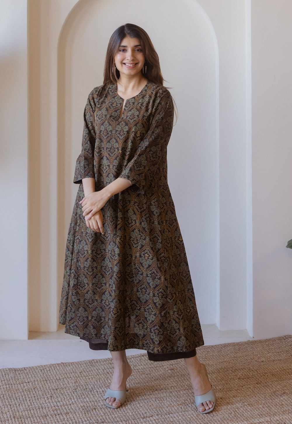 Nyra Brown Ajrakh Cotton Jhabbha Kali Kurta