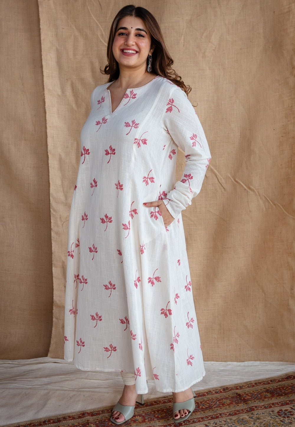 Mashia Dabu Slub Cotton Hand Embroidered Kali Kurta