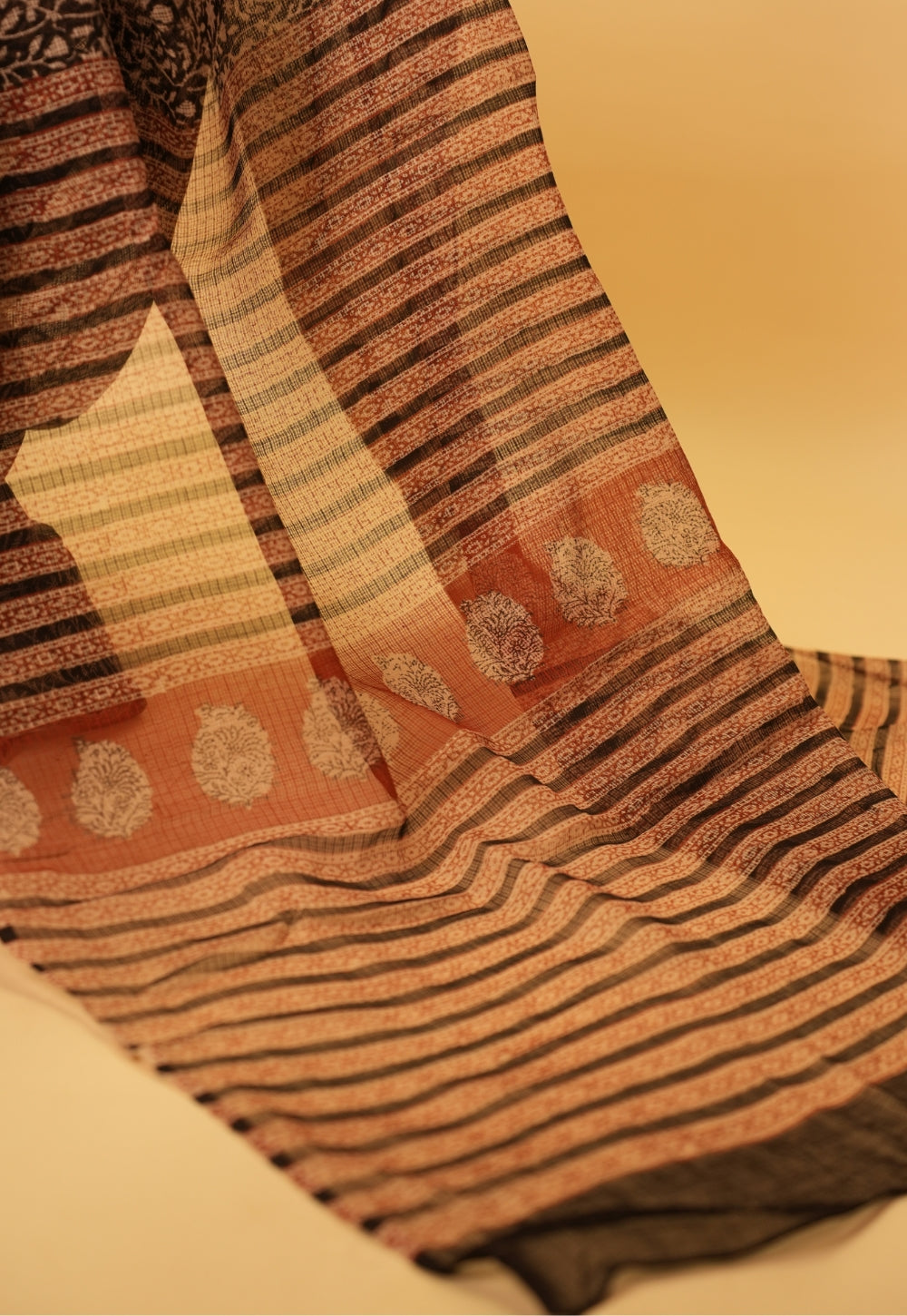 Black Jaal Bagru Kota Doria Handblock Print Cotton Saree