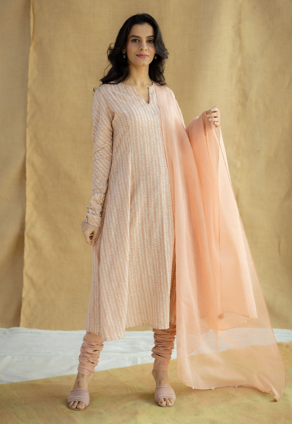 Peach Solid Cotton Kota Doria Dupatta