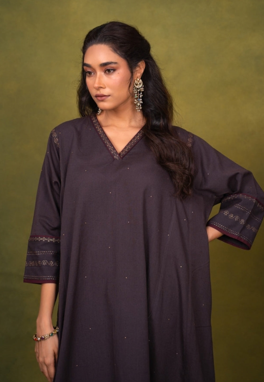 Zohra Aubergine Rogan Handblock Printed Cotton Jhabbha Kali Kurta Suit Set (Set of 3)