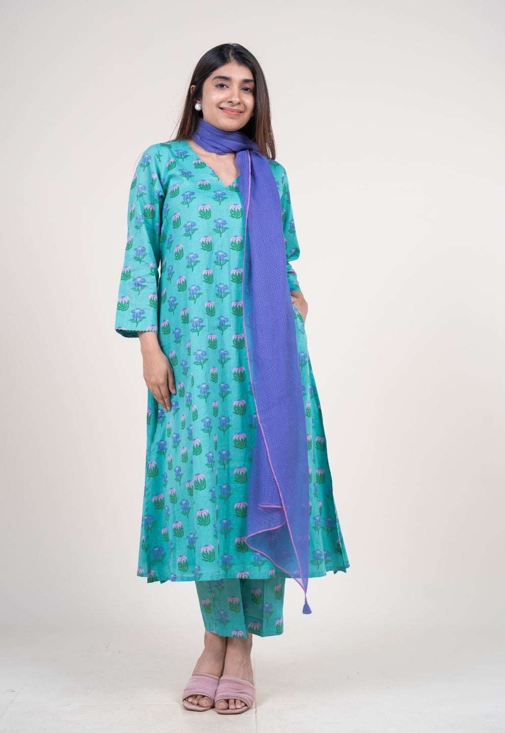 Neel Teal Blue Printed Mul A Line Kurta with Hand Embroidery