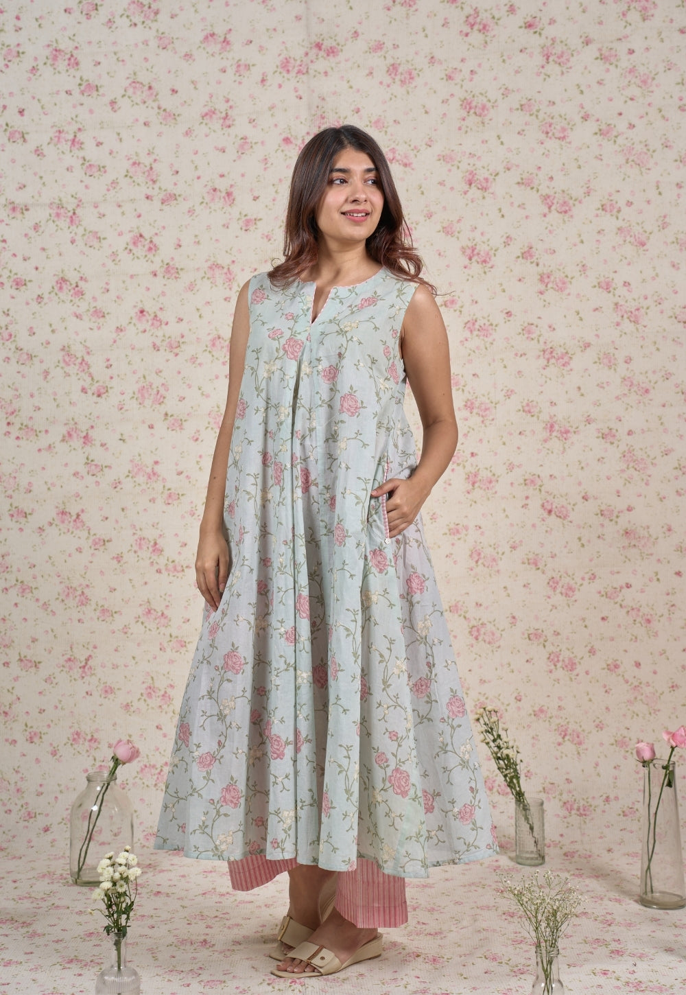 Flora Blue Sanganeri Mul Cotton A Line Kurta