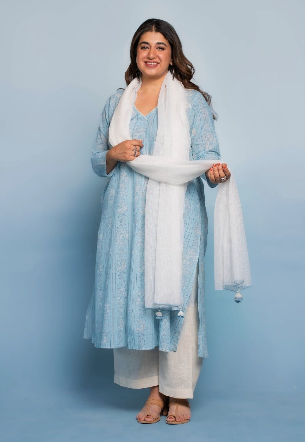 White Solid Kota Doria Cotton Dupatta with Tassels