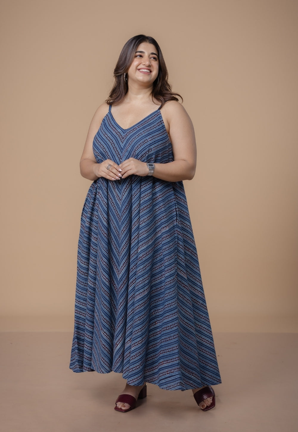 Sonam Blue Dabu Slub Cotton A Line Dress