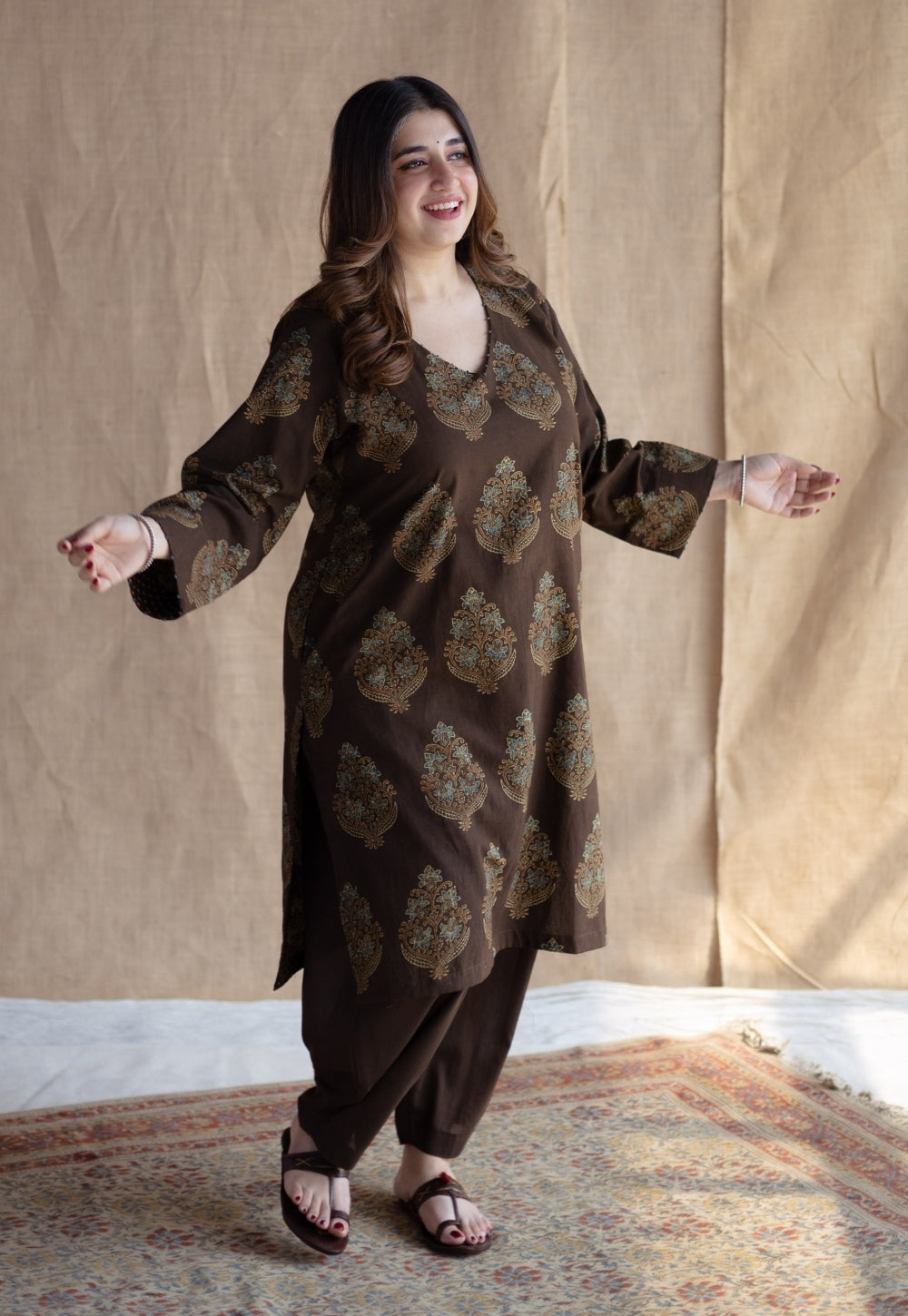Juhi Brown Ajrakh Cotton Straight Kurta with Hand Embroidery